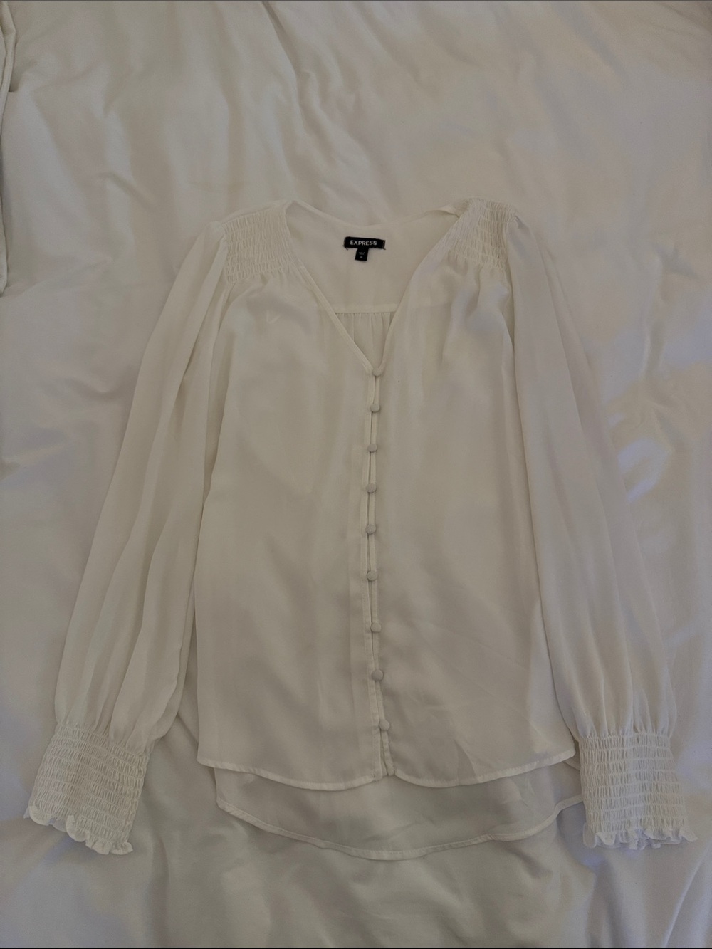 Express White Long-Sleeve Button-Front Blouse with Smocked Cuffs
